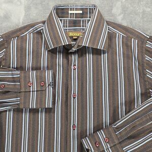 Roar Button Shirt Mens M Brown Blue Stripe Woven Textured Western Casual